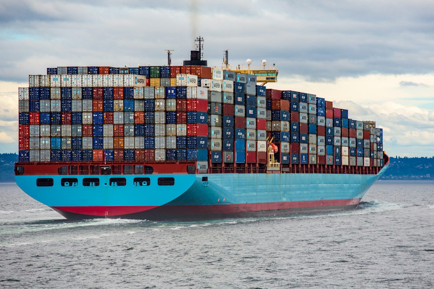 A loaded container ship underway